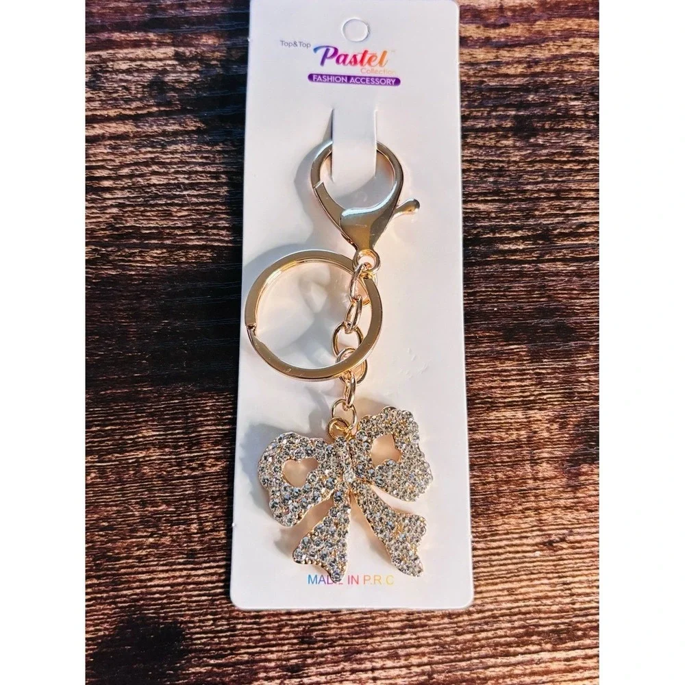 Pastel Collection Gold Tone Rhinestone Bow Keychain Bag Charm Crystal Accessory